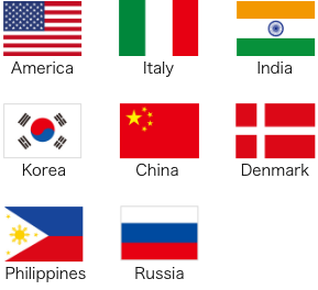 America / Italy / India / Korea / China / Denmark / Philippones / Russia
